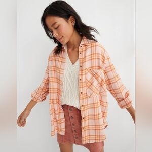Aerie Womens Small Pink Orange Plaid Anytime Fave Flannel Shirt Oversized